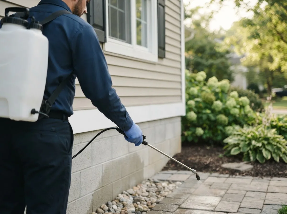 Pest control technician inspecting a home in Seward, IL